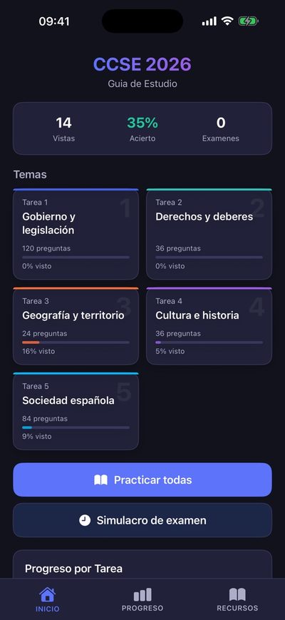 CCSE 2026 - Study Guide home screen showing the 5 CCSE tasks (Spanish interface)