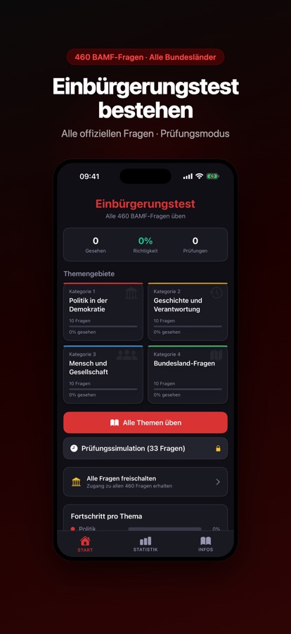 App-Store-Screenshot der Startseite von Einbürgerungstest 2026 - Quiz